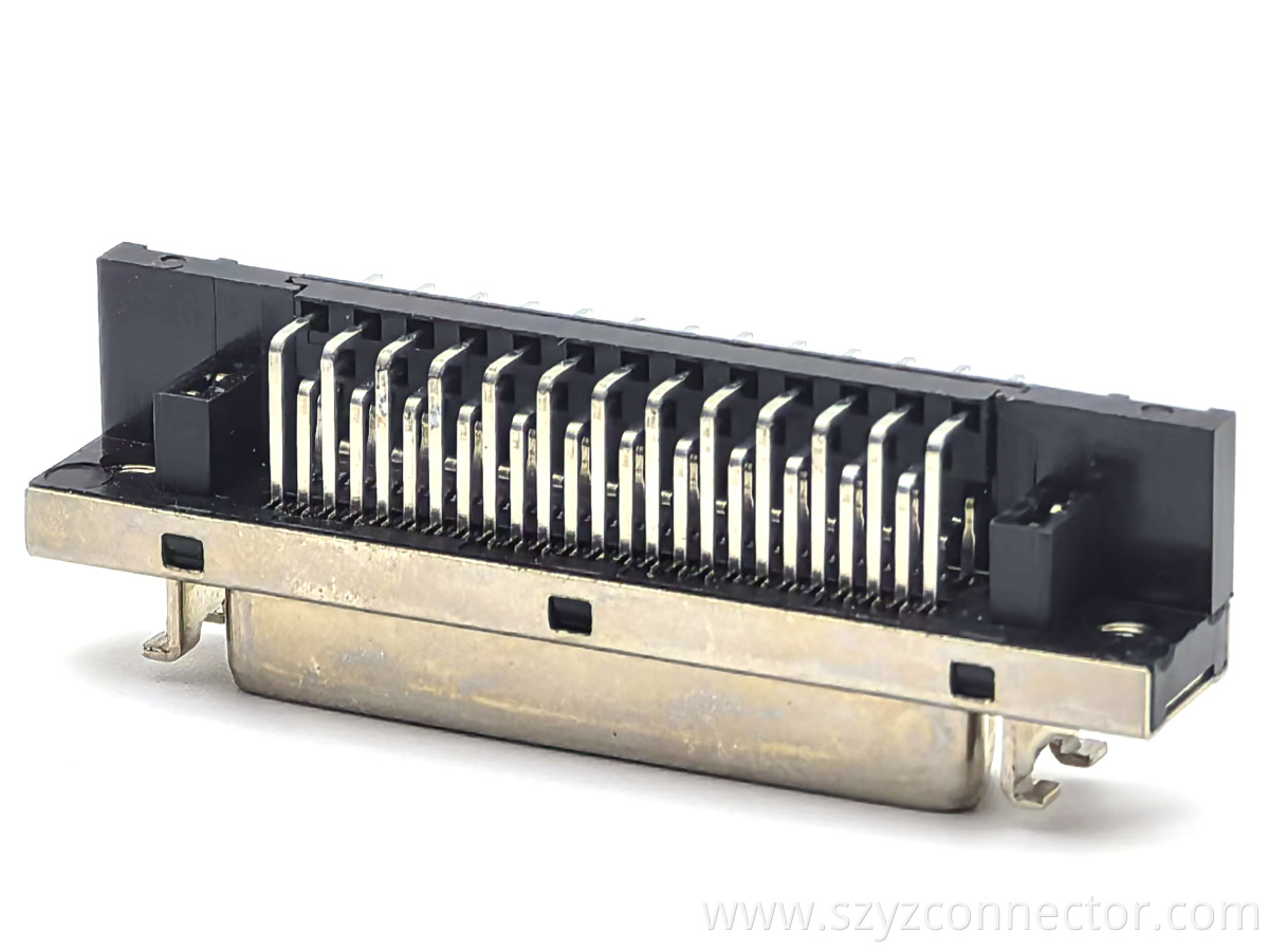 1.27mm SCSI Pin Type Female DIP 90° 50P Black Insulator Selective Gold Plated 5u